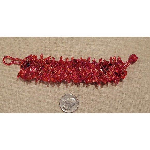Red Sea Shell Dyed Mother of Pearl & Seed Bead Woven Wide Band Bracelet - Picture 3 of 4
